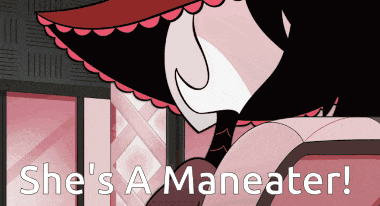 a cartoon drawing of a woman with the words she 's a maneeater