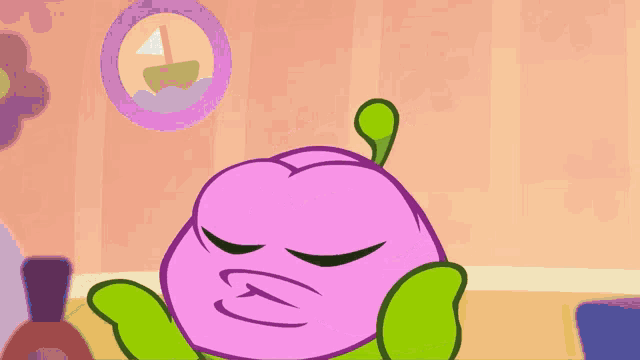 a cartoon character with a pink face and green arms