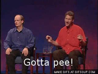 a man in a red shirt says gotta pee in a pixelated video