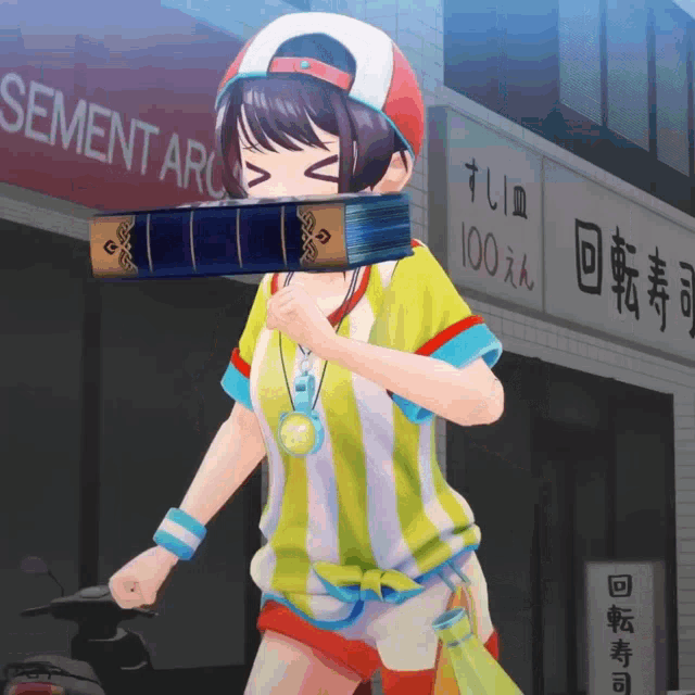 a girl holding a book in front of a sign that says cement arc