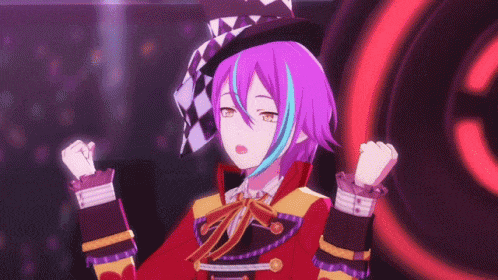 a girl with purple hair and blue streaks is wearing a hat .