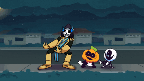 a cartoon of a skeleton holding a sword standing next to a pumpkin and a skeleton