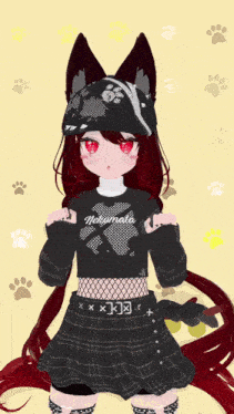 a girl with red hair and red eyes is wearing a black shirt that says nekomata