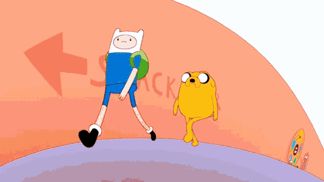 a cartoon of finn and jake walking in front of an arrow that says " spack "