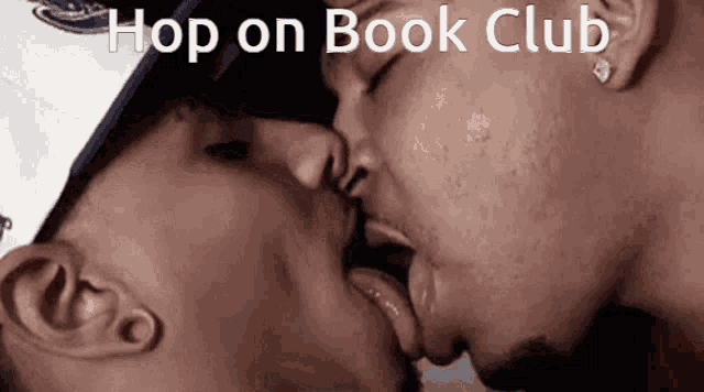 two men kissing with the words hop on book club written above them