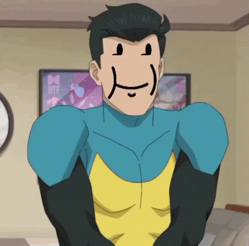 a man in a blue and yellow superhero costume with a smiley face on his face