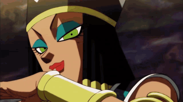 a close up of a cartoon character with green eyes and red lips
