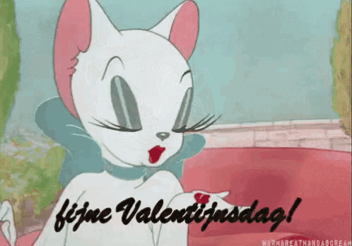 a cartoon of a cat with the words fijne valentijnsdag written on it