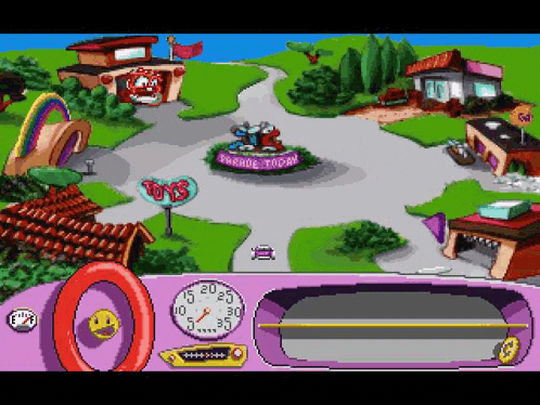 a cartoon scene with a sign that says " toys "