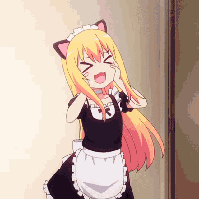 a girl in a maid outfit with the letter r on the apron