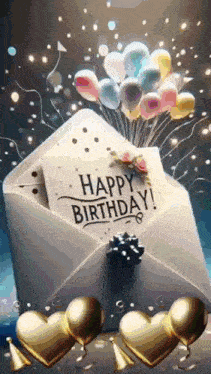a happy birthday card in an envelope with balloons and hearts .