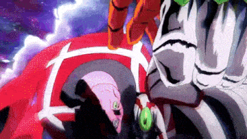 a cartoon character with green eyes is standing in front of a red and white object .