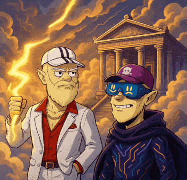 a cartoon of a man holding a lightning bolt standing next to another man