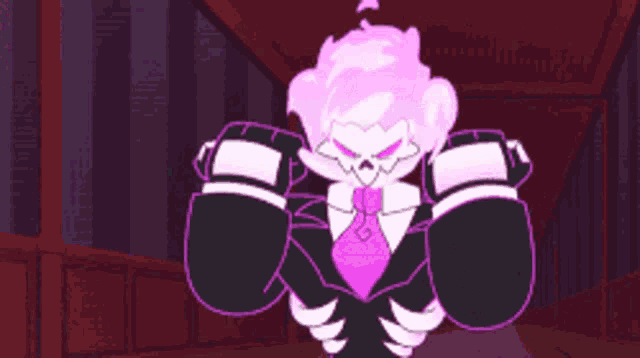 a cartoon character is being attacked by a purple explosion