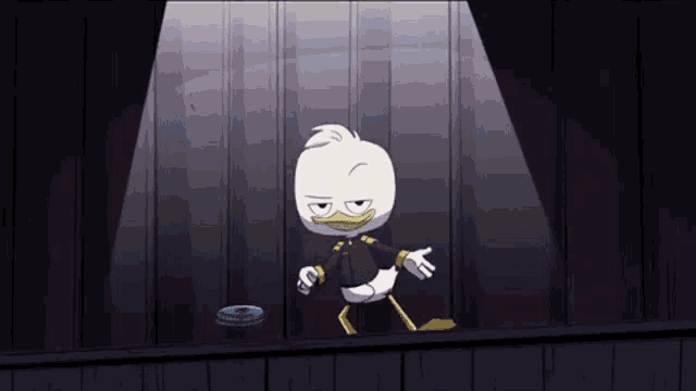 a cartoon duck is standing on a stage holding a microphone and a donut .