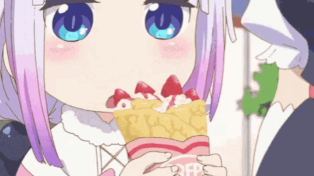 a girl with purple hair is eating a crepe with strawberries and whipped cream .