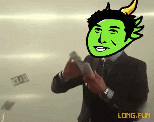a cartoon of a man in a suit with a green face and the words long fun on the bottom right