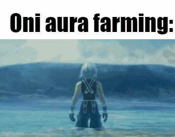 a person is standing in the water with the words oni aura farming