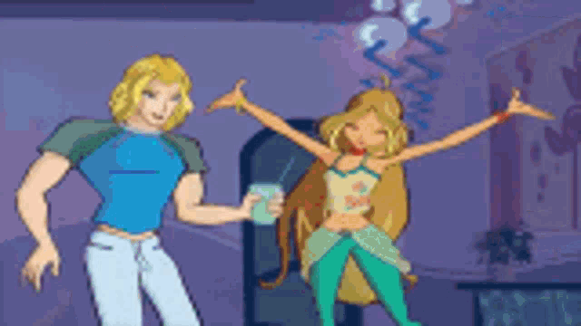 a boy and a girl are standing next to each other in a room
