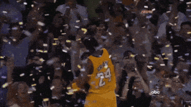 a basketball player wearing a number 24 jersey is surrounded by confetti