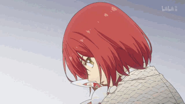 a close up of a girl with red hair and the letters bilibili on the bottom right