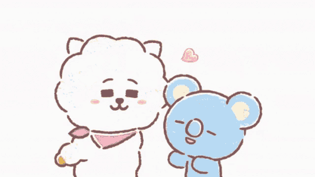 a white teddy bear and a blue teddy bear are standing next to each other with a heart between them .