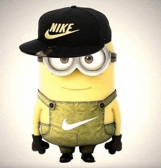 a minion wearing overalls and a nike hat .