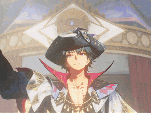 a man with purple eyes and a pirate hat on
