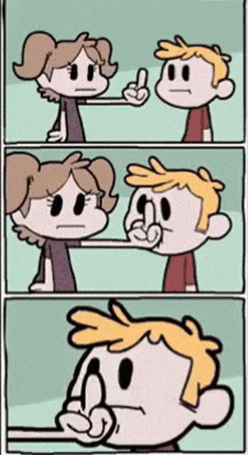 a cartoon of a boy and a girl giving each other a middle finger
