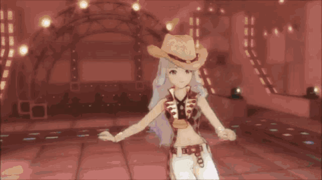 a girl in a cowboy hat is dancing on a stage in a video game