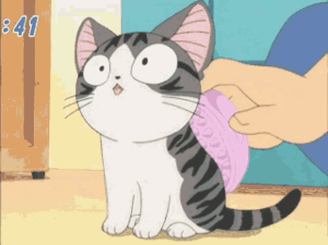 a cartoon cat is being brushed by a person with the time 8:41 on the bottom