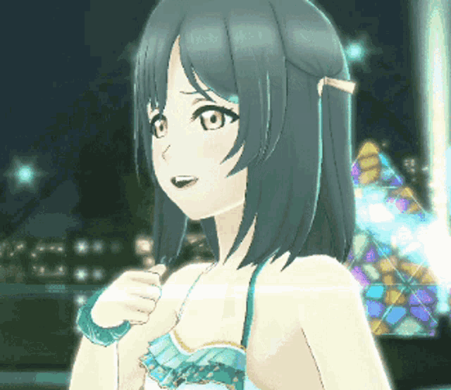 a girl in a bikini is standing in front of a stained glass window at night
