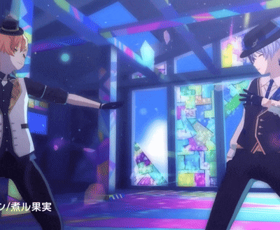two anime characters are dancing in front of a stained glass window with chinese writing on it