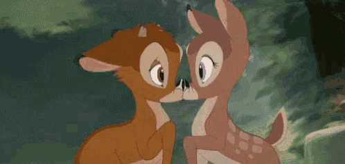 a couple of cartoon deer kissing each other in a forest
