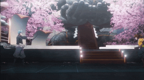 a man holding a sword stands in front of a statue with pink flowers behind him