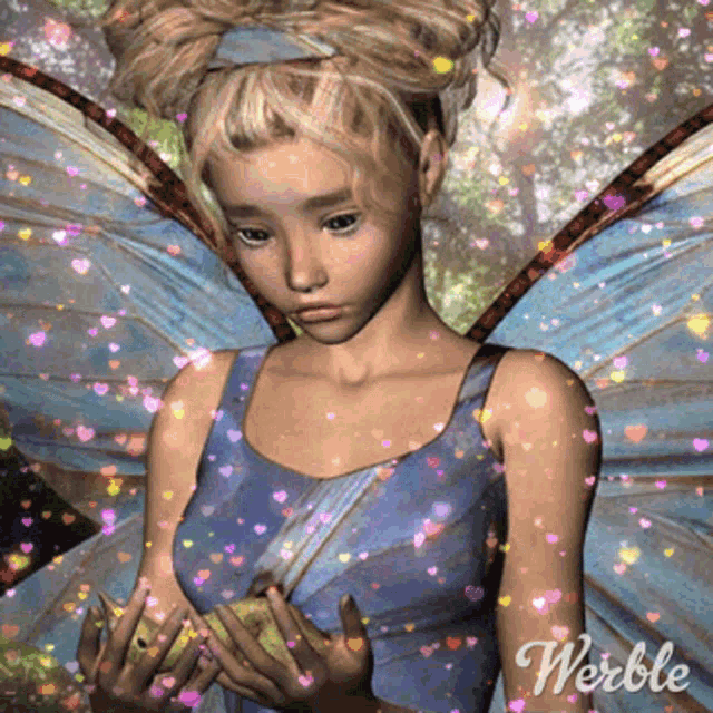 a fairy with wings is holding a green apple and the word werble is on the bottom right