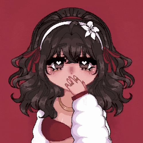 a pixel art drawing of a girl with curly hair and a flower in her hair