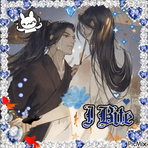 a picture of a man and a woman with the words " i bite " on it