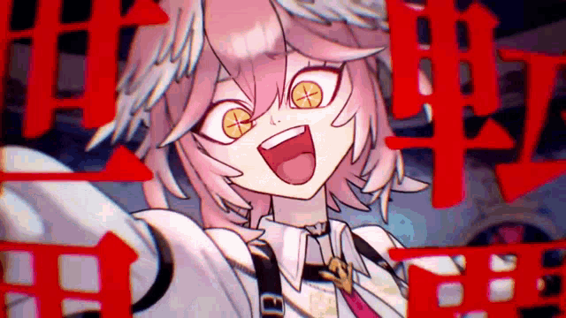 a close up of a cartoon character with yellow eyes and a white shirt .