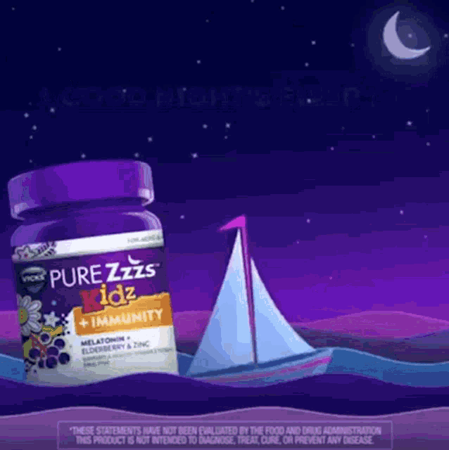 a purple bottle of purezzzs kids with a boat in the background