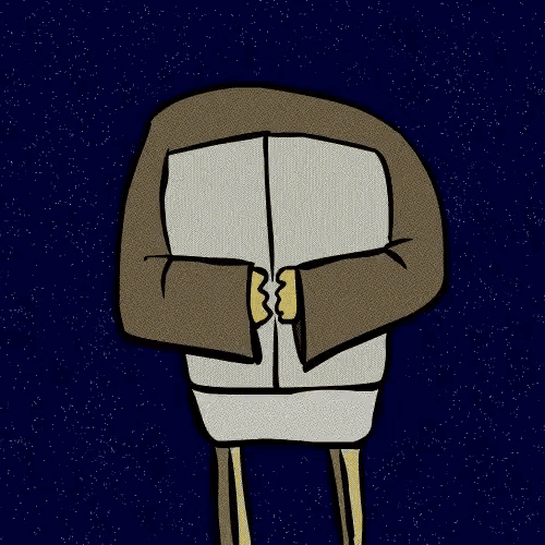 a cartoon drawing of a person holding a box with purple flowers on it