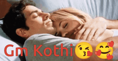 a picture of a man and woman hugging with the words gm kothi in red letters