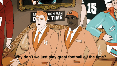 a cartoon shows a man with the number 14 on his suit