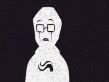 a cartoon drawing of a person with yellow eyes