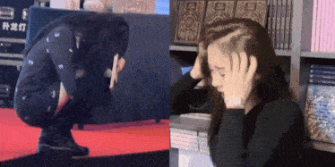 a woman is kneeling down and holding her head in front of a bookshelf