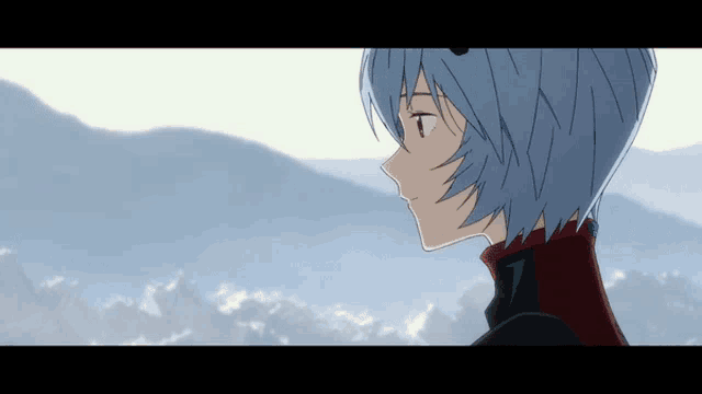 a close up of a girl with blue hair and a red jacket