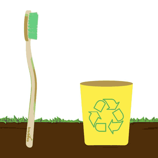 a green toothbrush is flying over the word brush
