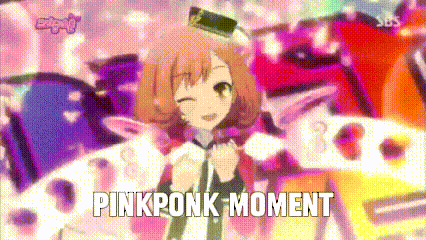 a cartoon girl is standing in front of a colorful background and the words pinkponk moment are written on the screen .