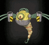 a cartoon monster with a large eye and a long tail is flying in the air .