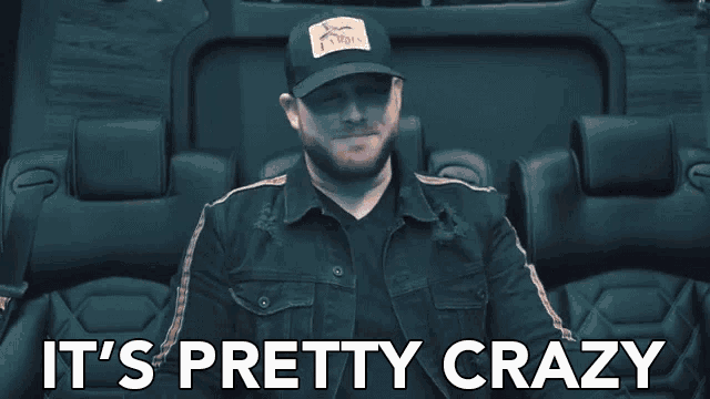 a man sitting in a chair with the words " it 's pretty crazy " below him